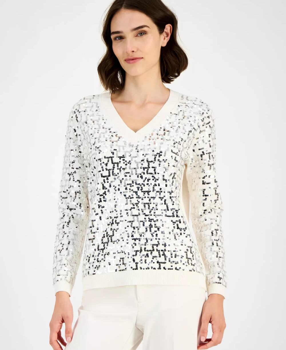 Anne Klein Sweater Womens Medium Cream White V-Neck Sequin Holiday Party NWT